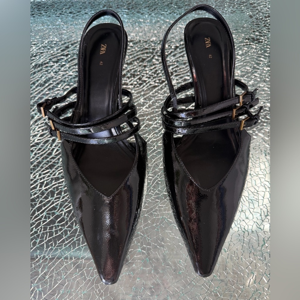 Zara Black Patent Pointed-Toe Kitten Heel Slingbacks